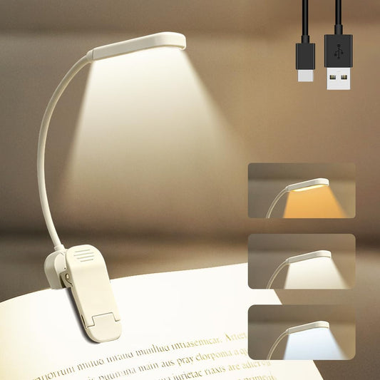 Rechargeable 20 LED Book Lights for Reading at Night - Energy Saving with Extended 60Hrs Runtime, 15-Level Stepless Dimming, Flexible Lightweight Clip on Light for Studying, Travel, White