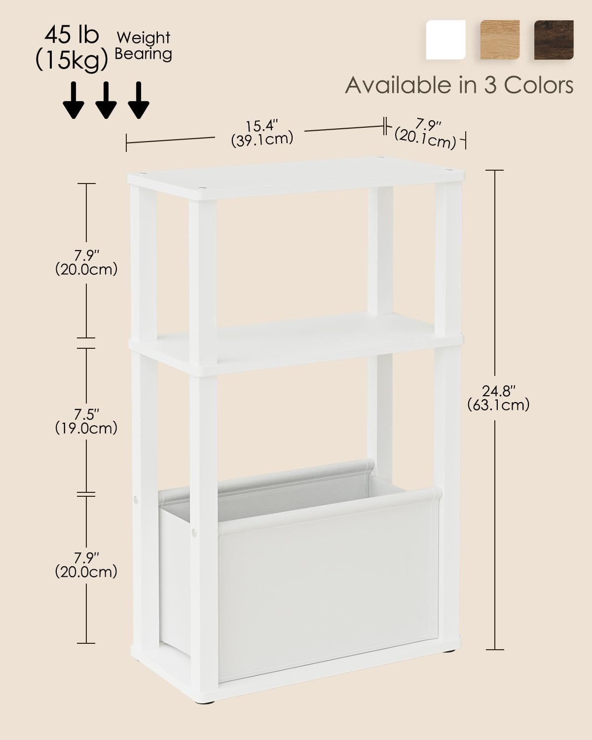 Narrow Wood Side Table, 3-Tier Night Stand with Storage Bag, Skinny Nightstand for Small Spaces, Bedside Table for Living Room, Bedroom, White