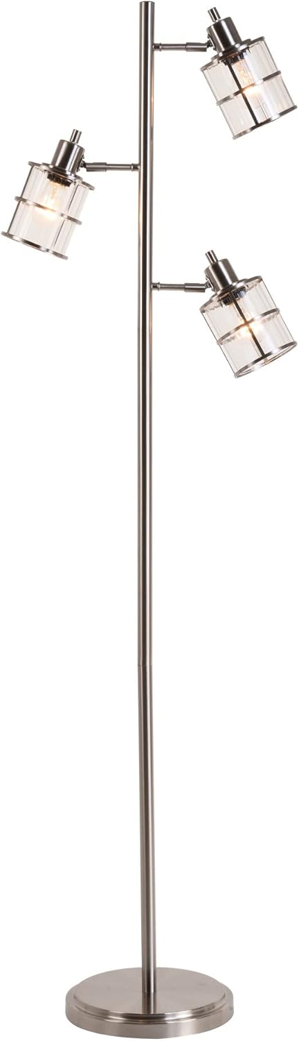 Catalina Lighting Modern 3 Light Floor Lamp with Adjustable Ribbed Glass Shades & Reading Light, 68", Classic Brushed Nickel