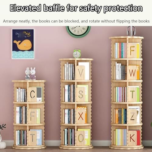 360° Rotating Kids Bookshelf Tower, Solid Wood Revolving Bookcase with Letter Baffle, Space-Saving Storage for Children's Room, Study, Playroom, A6