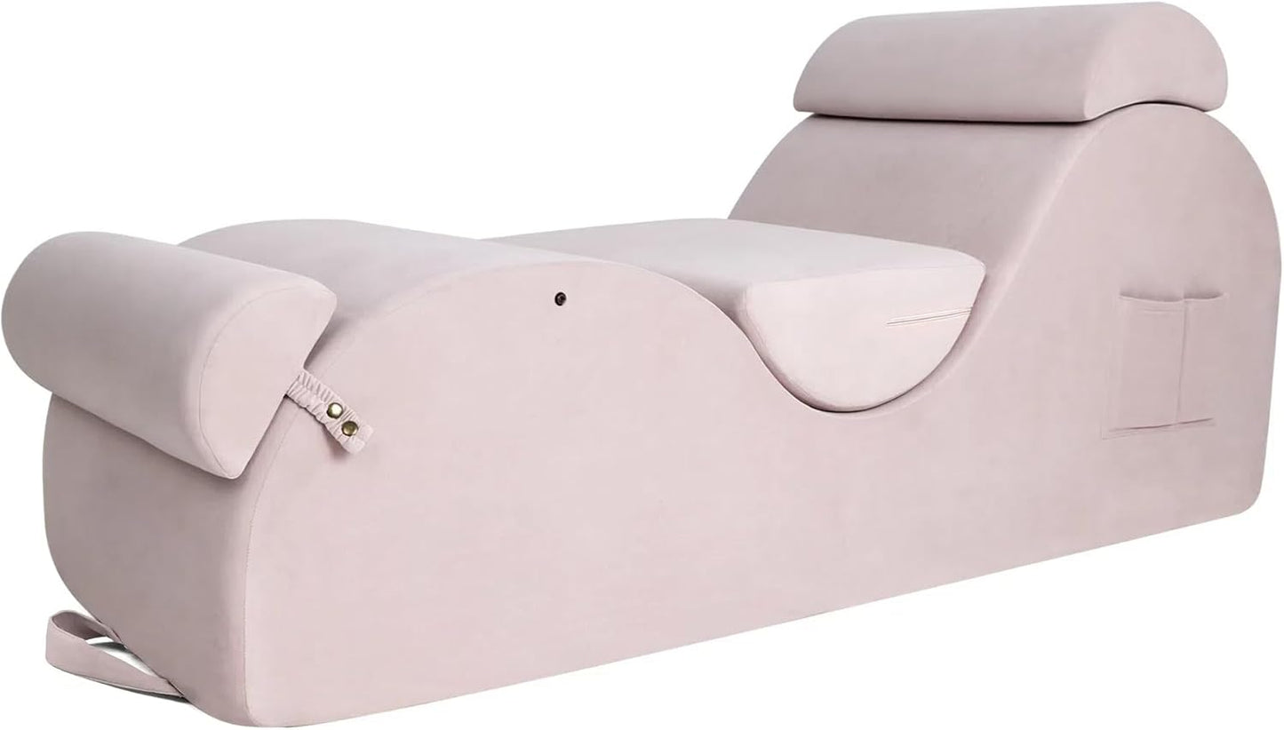 Chaise Lounge Chair for Yoga, Chaise Lounge with Headrest, Waist Pad, Foot Pad, Washable Cover Side Pockets Non-Slip Bottom, Yoga Chair for Relaxation Stretching (Pink, Large)