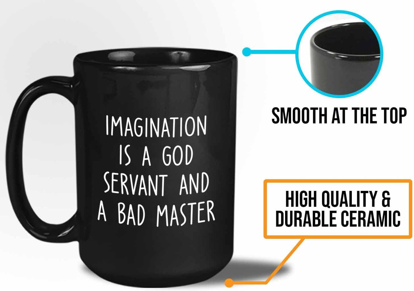 Bubble Hugs Writer Coffee Mug 15oz Black - Imagination is a god servant and a bad master - Reading Book Lover for Bookworm Bibliophile Librarians Author Readers Bookish