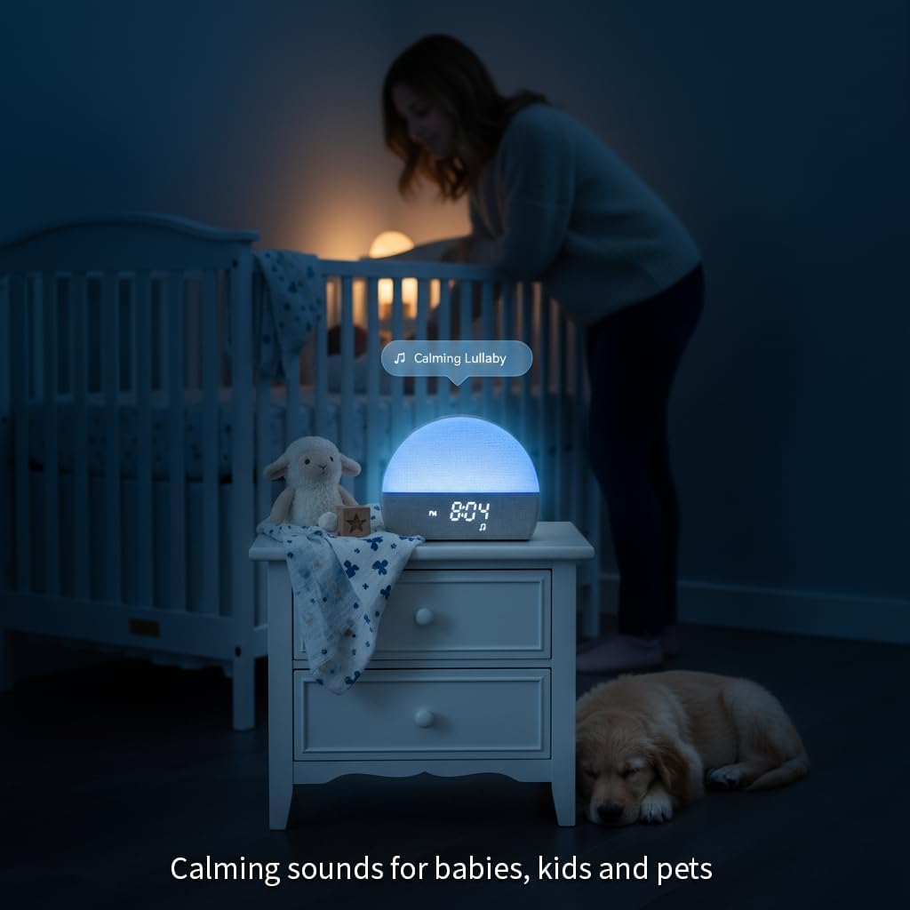 White Noise Sound Machine Sunrise Alarm Clock – 30 Non-Looping Soothing Sleep Sounds with LoFi and Healing Music| 10-Color Ambient Light & Sunlamp | No App Screen Free Sleep for Baby Adults Kids