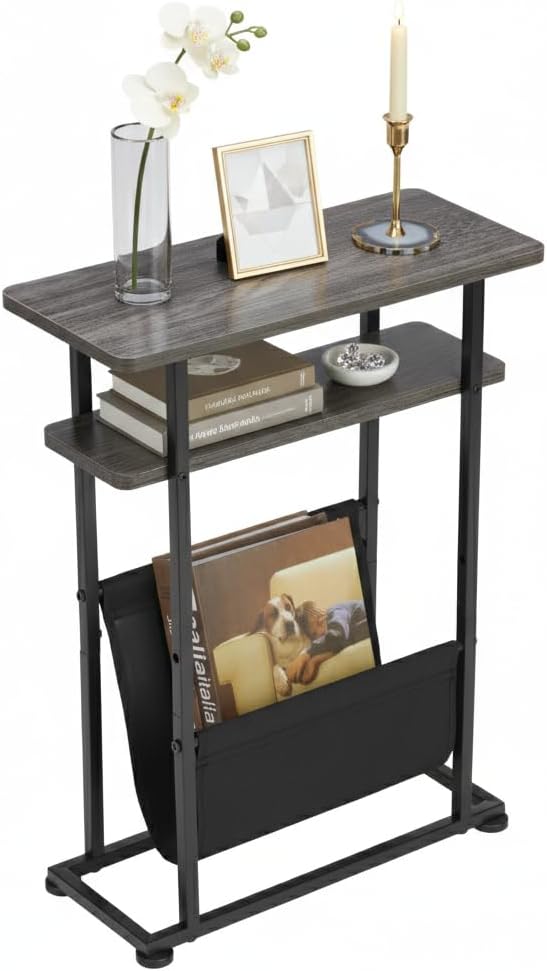 Narrow Small Side Table for Small Spaces - Slim End Table with Magazine Rack - Narrow End Table Living Room Couch Side Table- Skinny Bedside Table Nightstand Bedroom Thin Side Table (Grey)