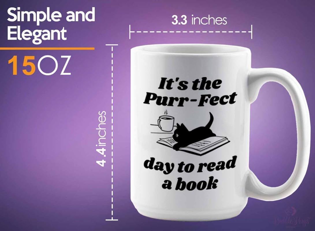Reading Coffee Mug 15oz White - Purr-fect Day Read a Book - Reader Gift Bookworm Owl Lover Cat Lover Book Lover Novelist Librarian Writer