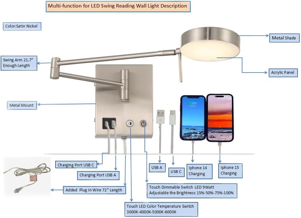 HomeFocus Swing Arm Wall Light,Bedside LED Reading Wall Light with USB Charging,Multi-Function Wall Lamp,Bedside Dimmable Wall Sconces,Adjustable LED Color and Brightness,Metal,Satin Nickel.