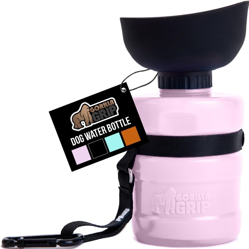 GORILLA GRIP Dog Water Bottle, Portable Water Bowl Dispenser for Dogs, 12 oz Leak Proof Pet Travel Squeeze Bottles, Food Grade Silicone, to Go Puppy Essentials, Hiking Camping Trip Accessories, Pink