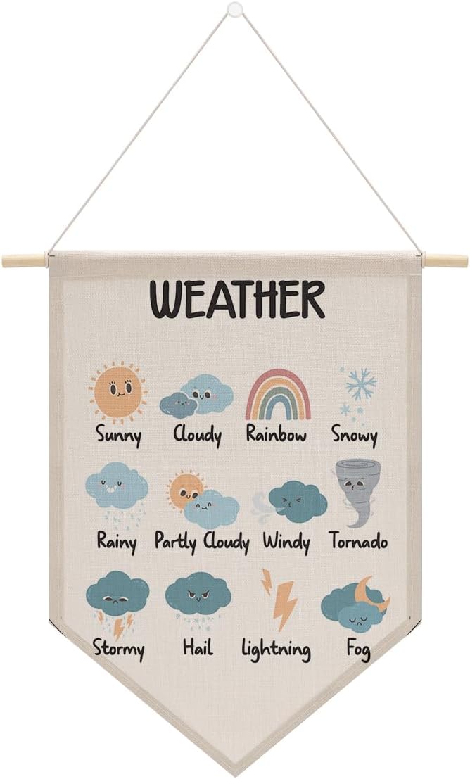 Cute Weather Canvas Banner Wall Decor Nursery Decor, Learning Posters for Toddlers Wall Hanging Pennant Flag Office Playroom Homeschool Wall Art for Toddler Kid Room Reading Room Decor Poster Print