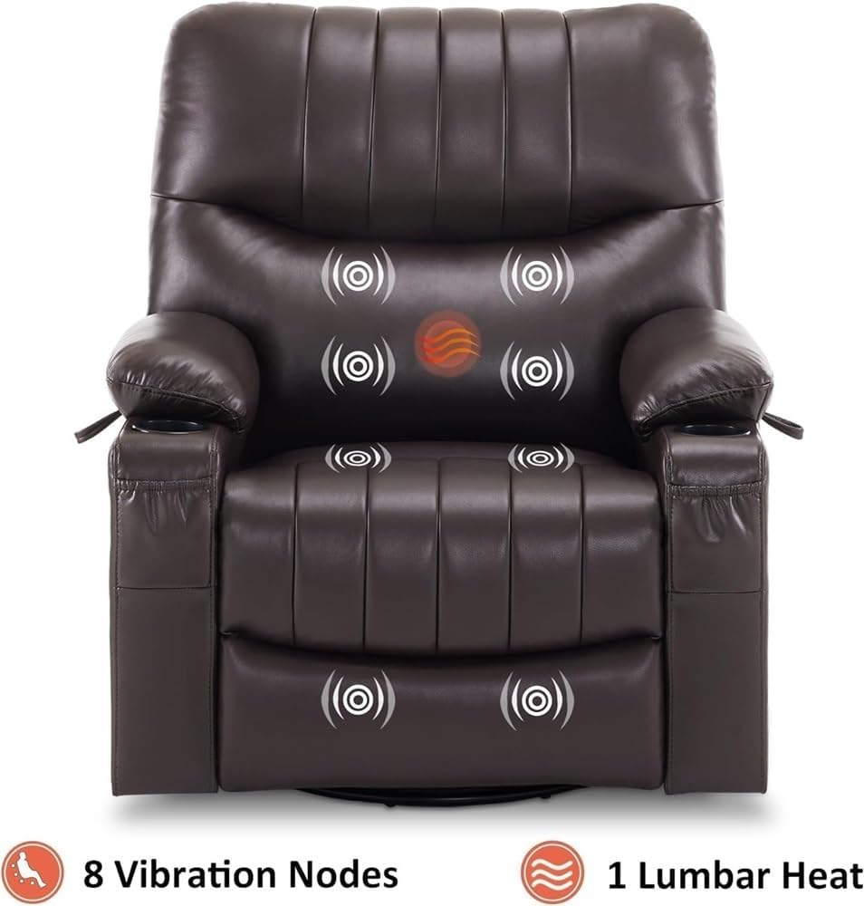 Power Swivel Glider Rocker Recliner with Heat & Vibration Massage, Overstuffed Electric Reclining Chair with USB Ports – Plush Comfort Recliner for Living Room & Home Theater
