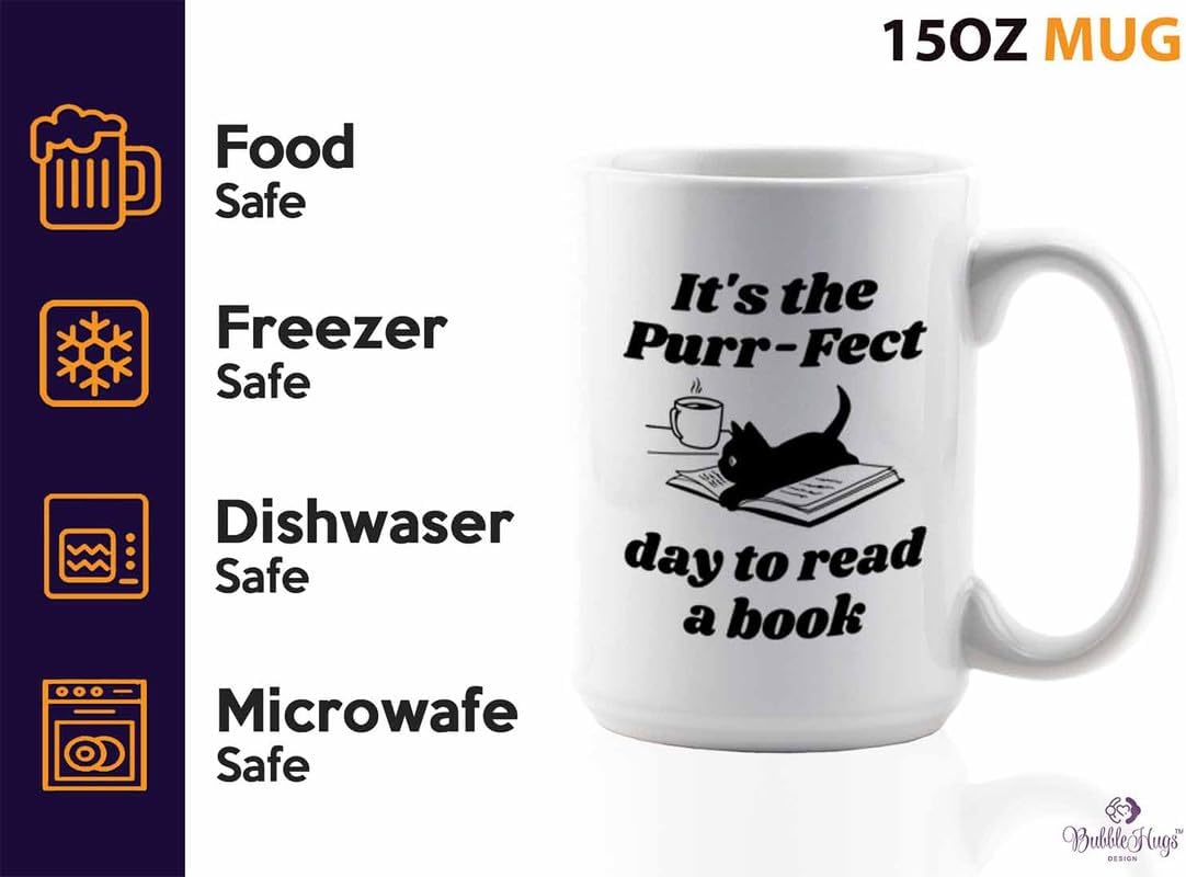 Reading Coffee Mug 15oz White - Purr-fect Day Read a Book - Reader Gift Bookworm Owl Lover Cat Lover Book Lover Novelist Librarian Writer