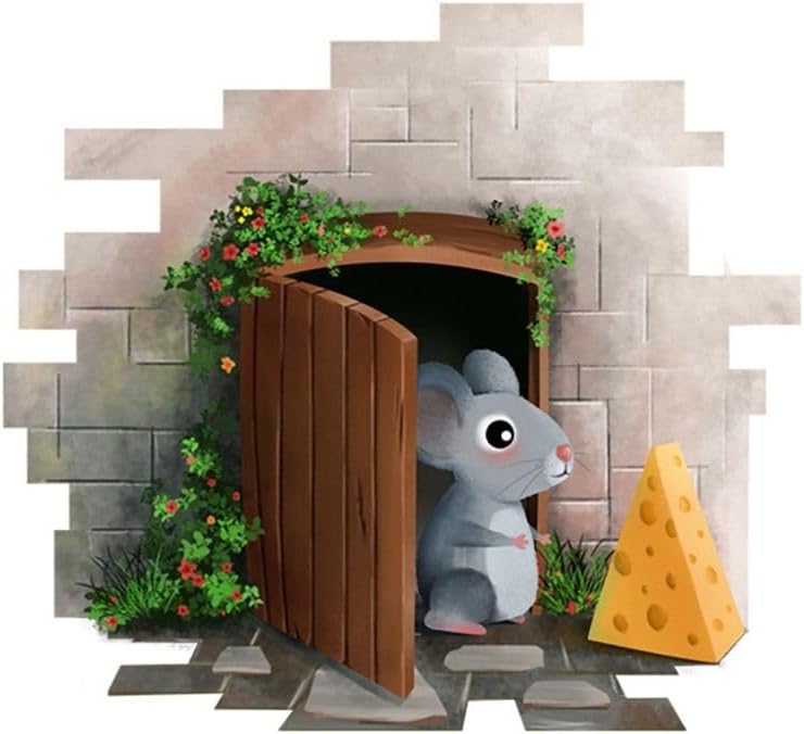 Mouse Reading Book in Wall 3D Sticker Decal, Funny Cartoon Mouse Hole Wall Stickers Mouse Find Cheese for Corner Stairs Home Decor PVC Vinyl Wallpaper for Living Room Decoration, 5pcs