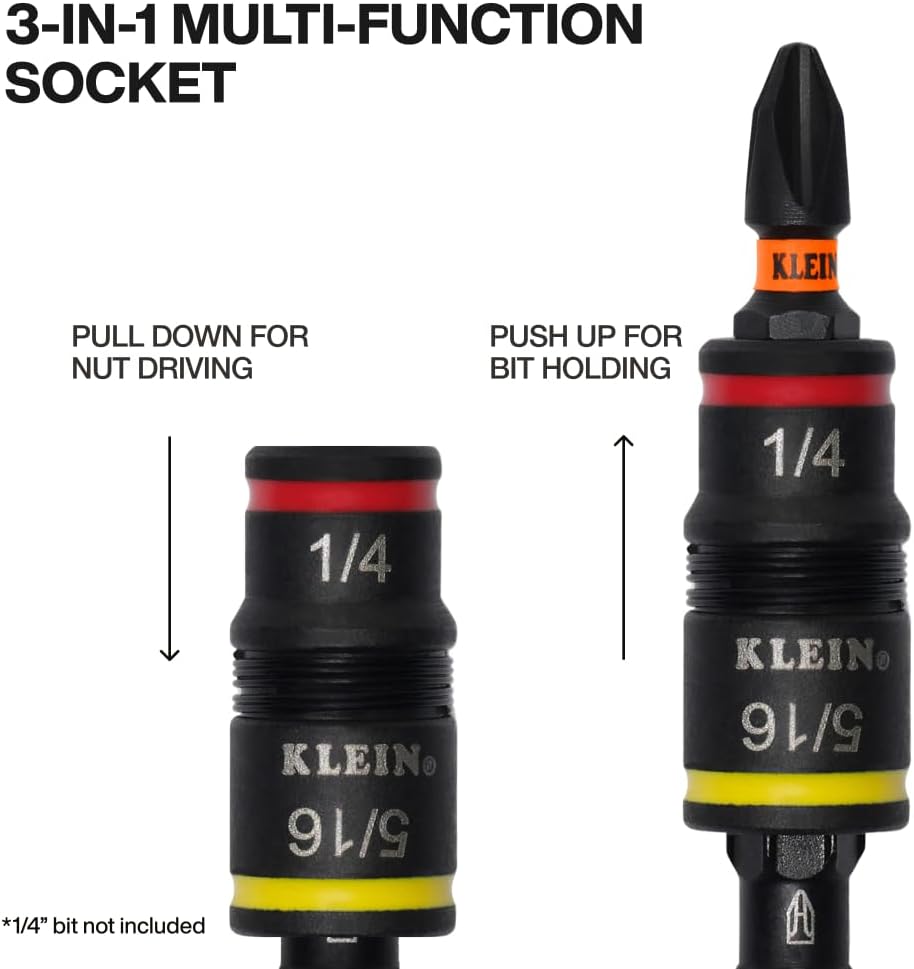 Klein Tools 32933 Klein Tools 32933 Impact Driver, SAE 7-in-1 Impact Rated Socket Set, 3 Flip Sockets with 6 Hex Driver Sizes and 1/4-Inch Bit Holder, 5-Inch Shaft