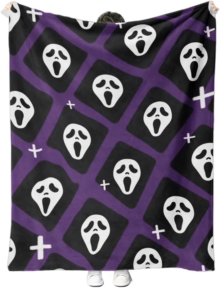 Spooky Face Throw Blanket, Purple and Black, Halloween Ghost Blankets Fuzzy Gifts for Sofa Couch Bedroom (60 x 80 inch)