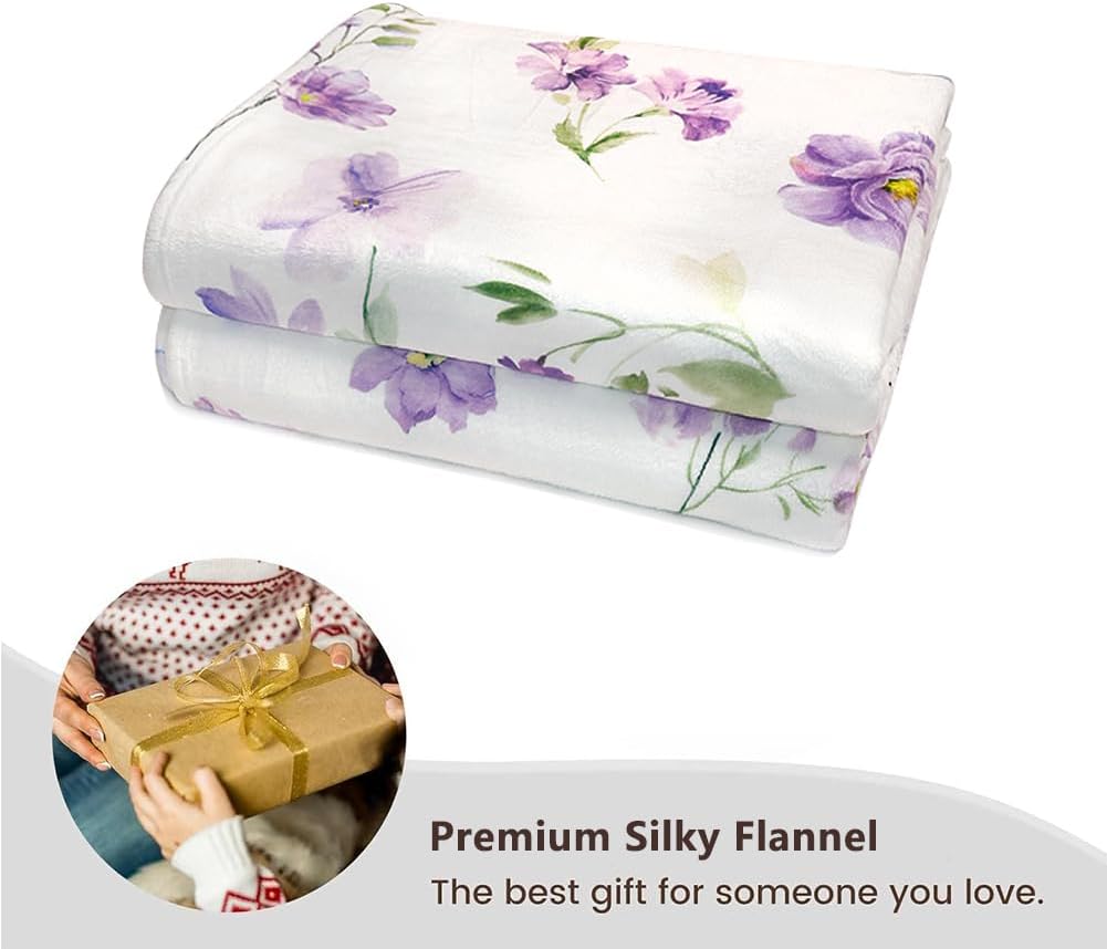 Floral Throw Blanket Purple Flowers Blanket Ultra Soft Flannel Fleece Throw Blanket Lightweight Cozy Fluffy Plush Blanket for Bed Couch Sofa 60" X 80"