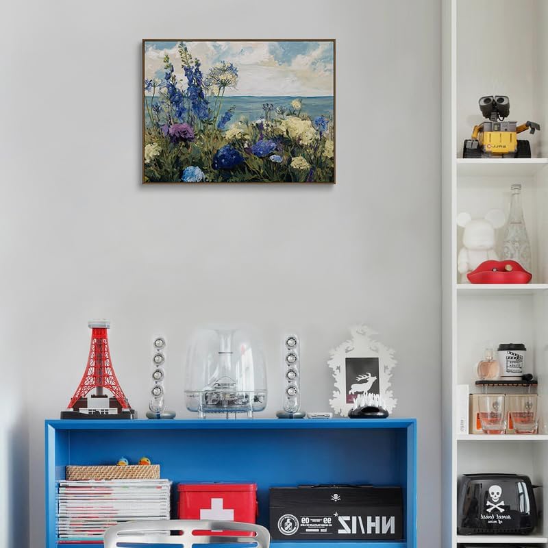 Floral Canvas Wall Art Blue Purple Flowers Ocean View Wall Decor Coastal Prints Nature Posters Abstract Painting Framed Artwork For Living Room And Bedroom And Office Space My Home Decor 16x24 Inches