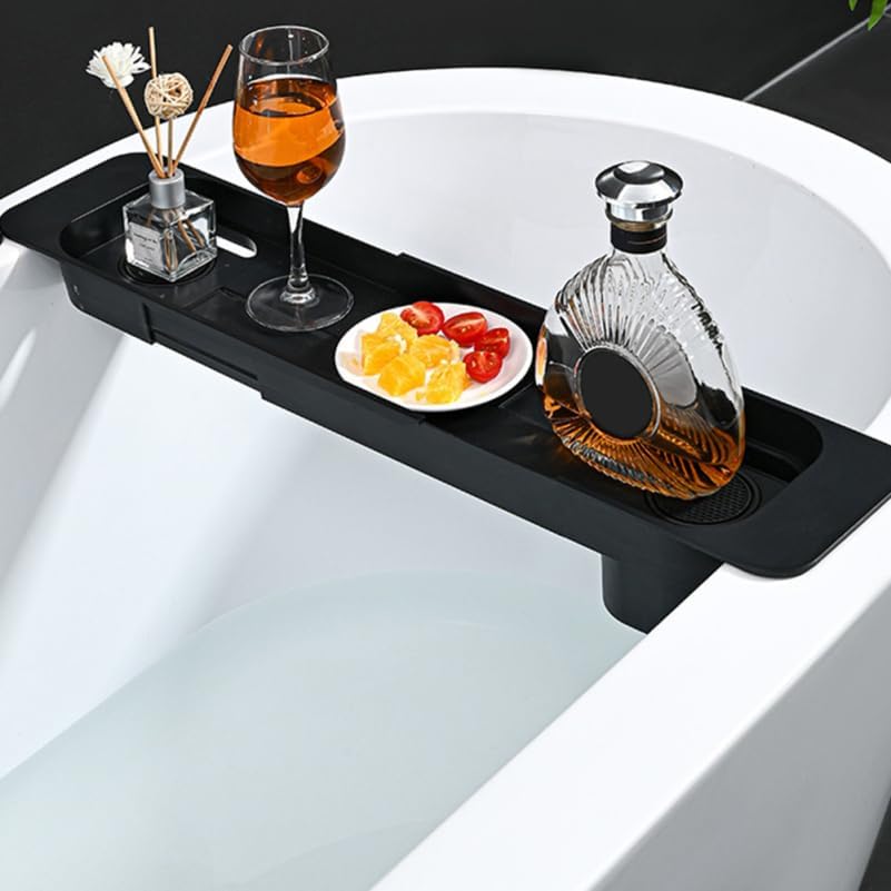 Black Tub Tray for Bathtub Expandable 29.5in Telescopic Bathtub Storage Rack with Wine Cups Holder Anti-Slip Design Multifunction Plastic Serving Tray Bathroom Accessories