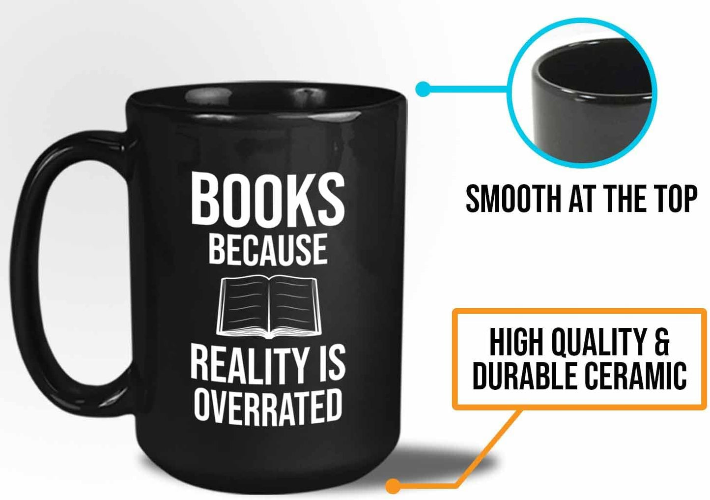 Bubble Hugs Writer Coffee Mug 15oz Black - Books Because Reality is Overrated - Reading Book Lover for Bookworm Bibliophile Librarians Author Readers Bookish