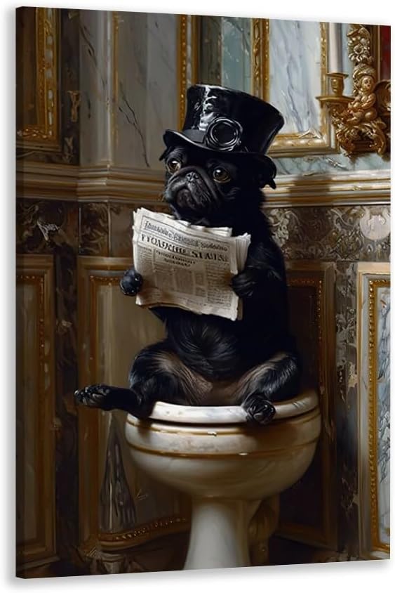 Pug Dog Reading Newspaper on Toilet Whimsical Fine Art Print Vintage Painting Canvas Wall Prints Poster Modern Home Aesthetic Decor Wall Art for Bedroom Dorm Framed24x36inch