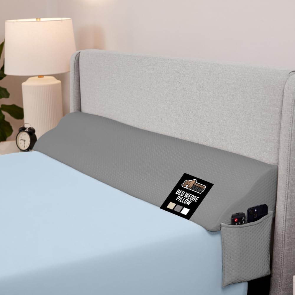GORILLA GRIP Patented Bed Wedge Pillow for Headboard Gap, Filler Between Mattress Gaps, Comfortable Supportive High Density Cushioned Foam Pillows, Stay in Place Gripping Dots, Full Size Soft Gray