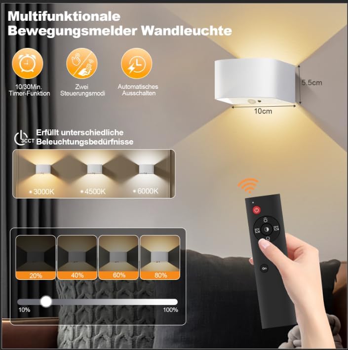 Motion Sensor Wall Light with Remote Control, 3-Color Temperature Adjustable, 5000mAh Battery Wall Lamp, Stepless Dimming, Type-C Charging, 2 Installation Methods for Home & Outdoor Use