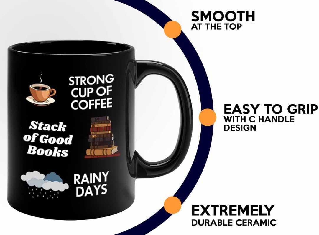Reading Coffee Mug 11oz Black - Coffee Book Rainy Days - Reader Gift Bookworm Owl Lover Cat Lover Book Lover Novelist Librarian Writer
