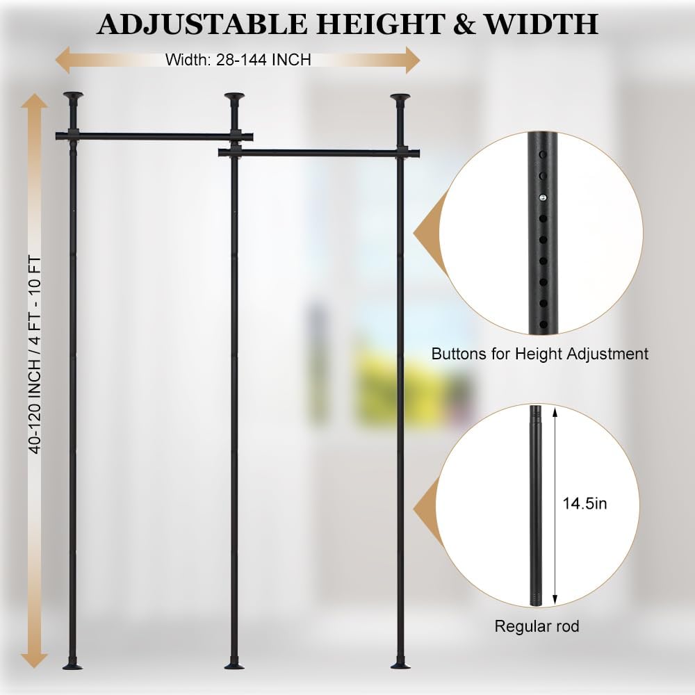 KELIXU Room Divider Curtain Rod, No Drilling Tension Rods for Room Separation, 28-144 inch W x 4-10 ft H Floor to Ceiling Wall Dividers Heavy Duty Vertical Tension Stand, Easy to Install, Black