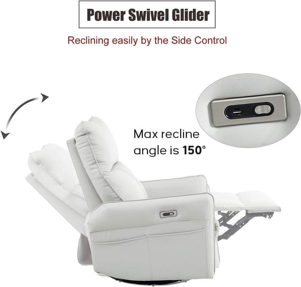 Oversized Power Swivel Glider Rocker Recliner, Electric Nursery Glider Chair with USB Ports, Modern Leather Home Theater Seating for Living Room, Comfort Lazy Sofa