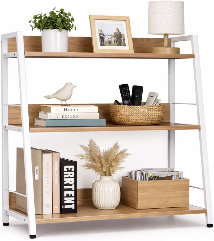 Kitchen Shelf, 3 Tier Ladder Shelf, Freestanding Book Shelf and Kitchen Storage Shelf Organizer, Wood and Metal Display Shelf for Living Room, Kitchen, Bedroom, Office (White, 3 Tier)
