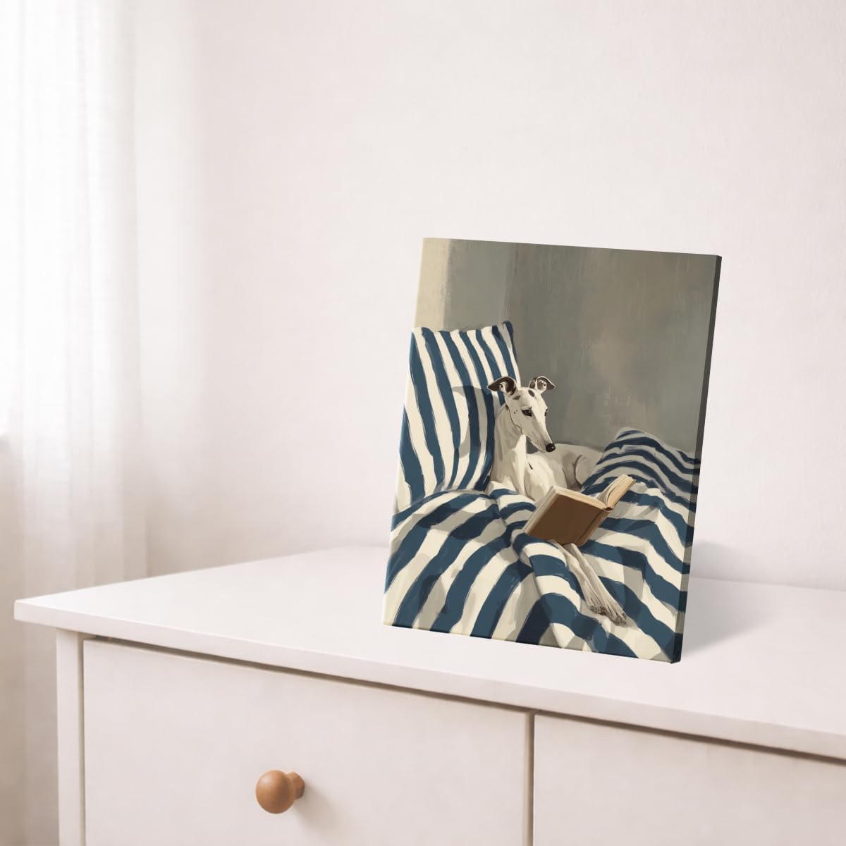 Funny Whippet Dog Reading Wall Art Cute White Dog in Bed Canvas Print Poster Minimalist Bookish Wall Decor for Bedroom Reading Nook 8x10 Inch Framed