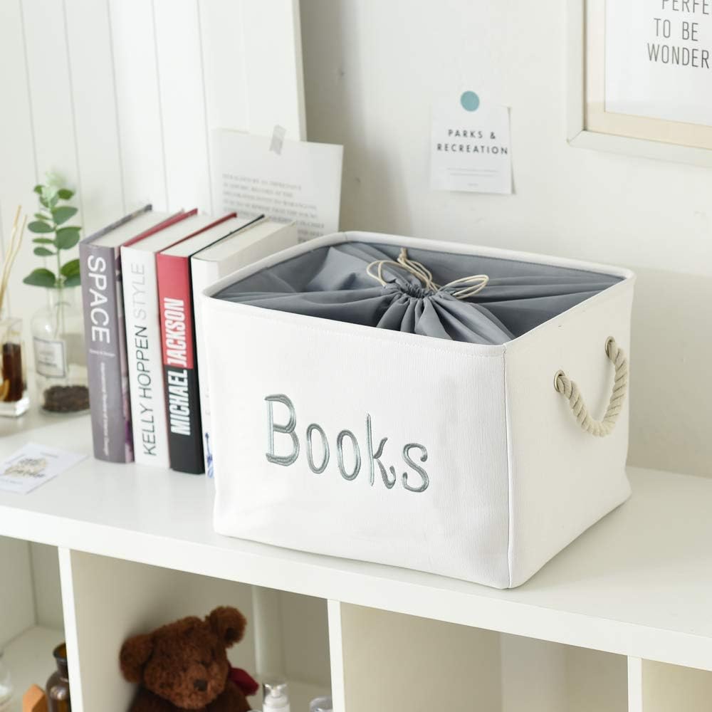 INough Book Basket for Kids Room, Book Storage Basket Book Organizer for Nursery Room Classroom Library Book Storage Box Collapsible Book Bins with Drawstring Closure for Cartoon Book Reading