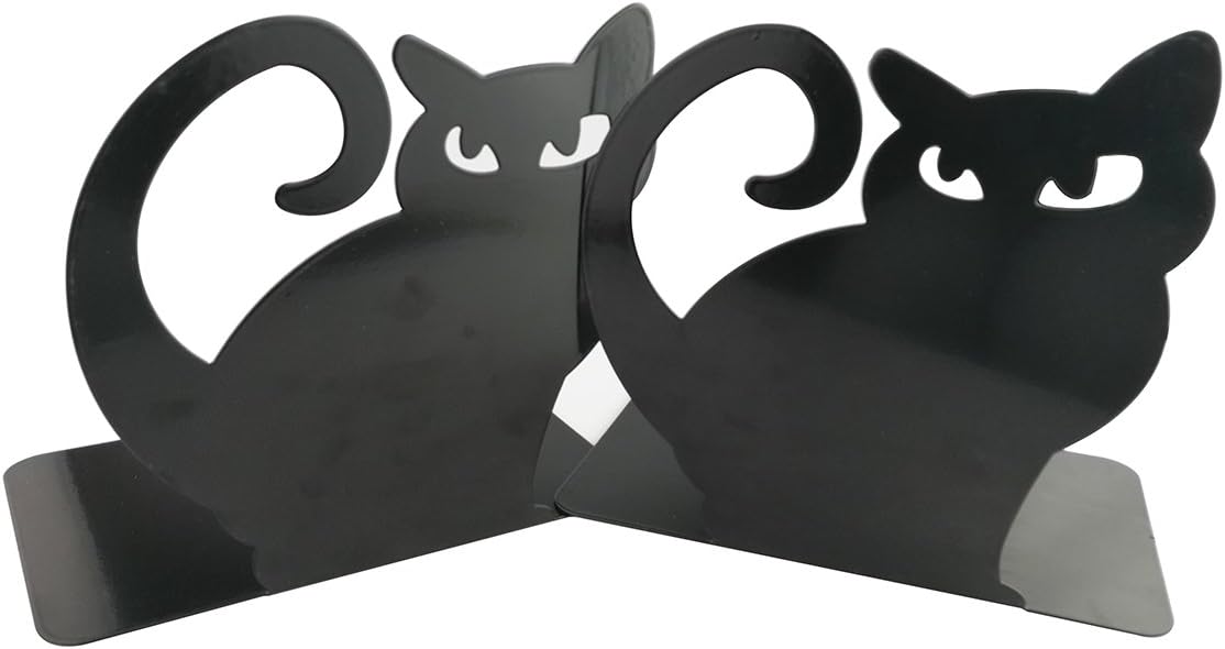 Winterworm Cute Vivid Lovely Persian Cat Nonskid Thickening Iron Metal Bookends Book Organizer for Library School Office Home Study Desk Organizer (Black)