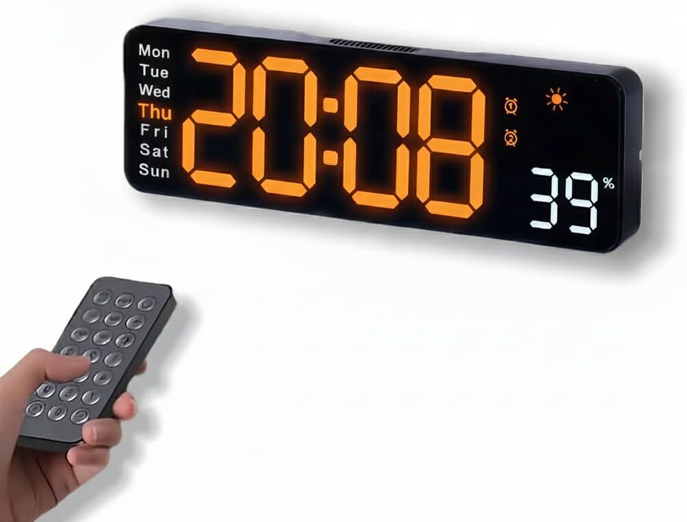 Large LED Digital Wall Clock with Alarm Timer - Auto Dimming Clock with Temperature, Weather and Calendar, Remote Control, Classroom Décor, for Bedroom, Office, Living Room (Orange)