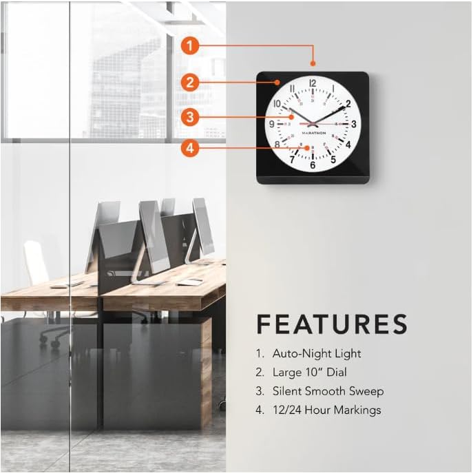 MARATHON 12 Inch Analog Wall Clock with Auto Back Light and Non Ticking Silent Sweep (Black & White - Commercial Edition)