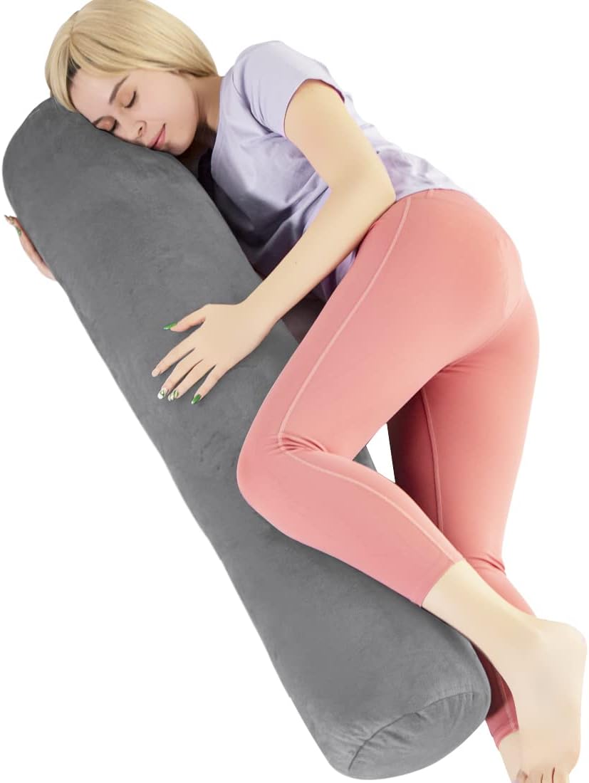 Body Pillow for Adults, Bolster Pillow with Removable Velvet Cover, Long Round Cervical Roll Pillow, 47 x 7.87 Inches, Grey