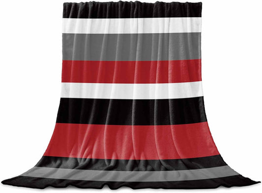 Red Black Stripes Throw Blanket, Geometric Striped Super Soft Warm Flannel Blankets for Bed Couch Sofa Lightweight Fluffy Plush Absract Bed Throws 50x60 Inch