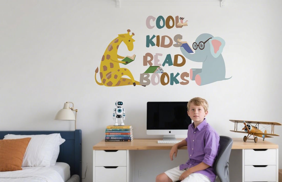Reading Wall Decal for Kid's Room, Cool Kids Read Books Motivational Quotes Wall Sticker, Giraffe Elephant Reads Theme Vinyl Removable Wall Art for Classroom Preschool Library