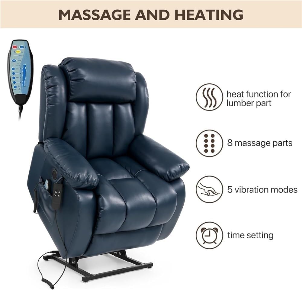 Electric Power Lift Recliner with Massage and Heat – Large Leather Sofa Chair, USB Charging Ports, Remote Control, Breathable Upholstery, Cup Holders for Elderly Living Room
