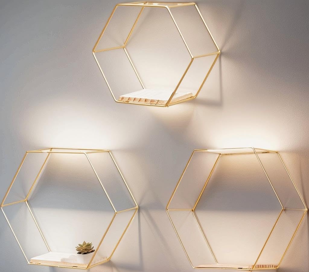 Hexagon Floating Shelves 3-Pack (6.7-11in) | Decorative Wall Mounted Hexagon Shelf, Multi-Use Geometric Metal Shelving for Living Room, Bedroom, Kitchen, Office