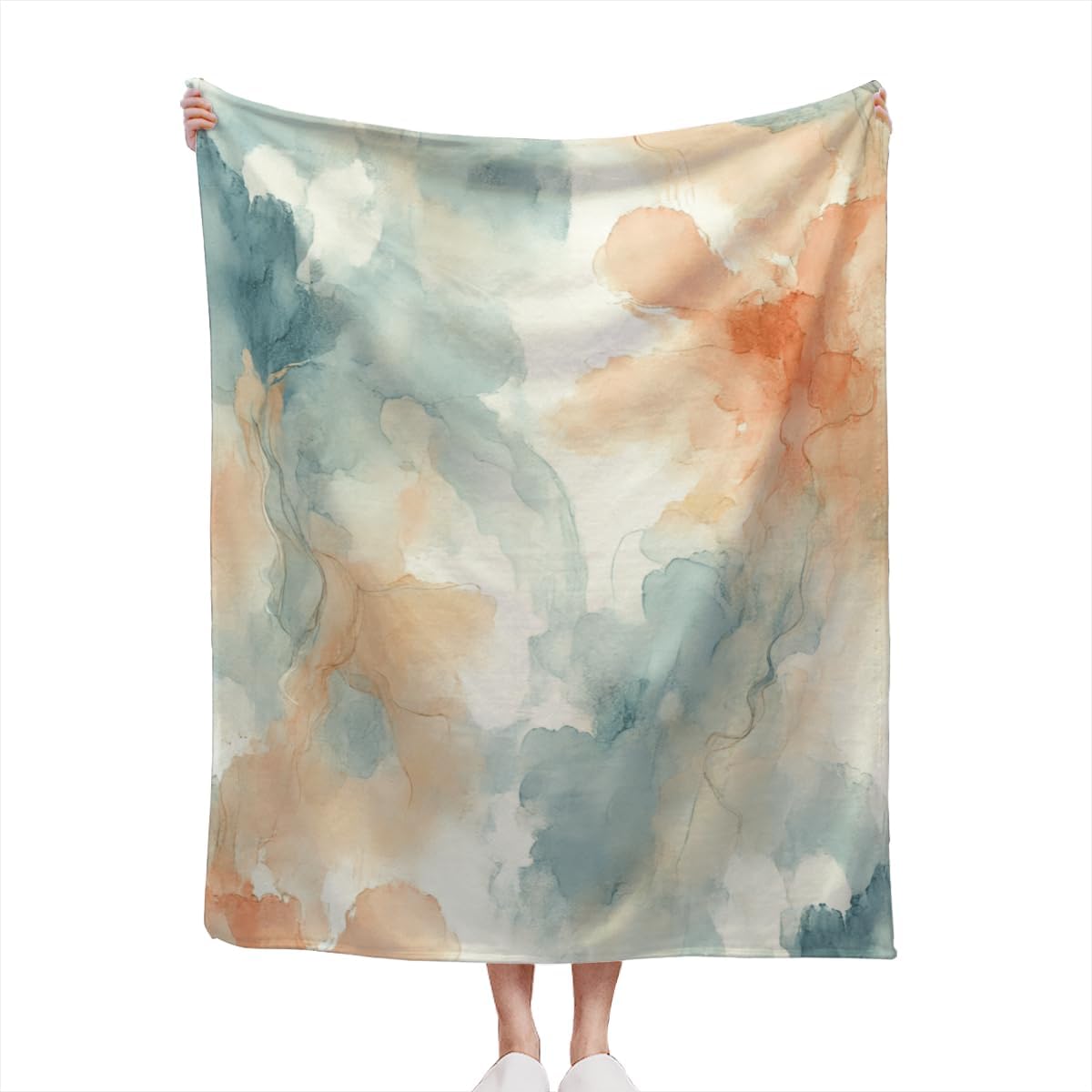 Decorative Accent Throw Blanket for Couch Sofa Bed 50x60 – Soft Flannel Blanket for Bedroom Living Room Abstract Brushed Watercolor Peach and Blue Pattern Modern Design Print