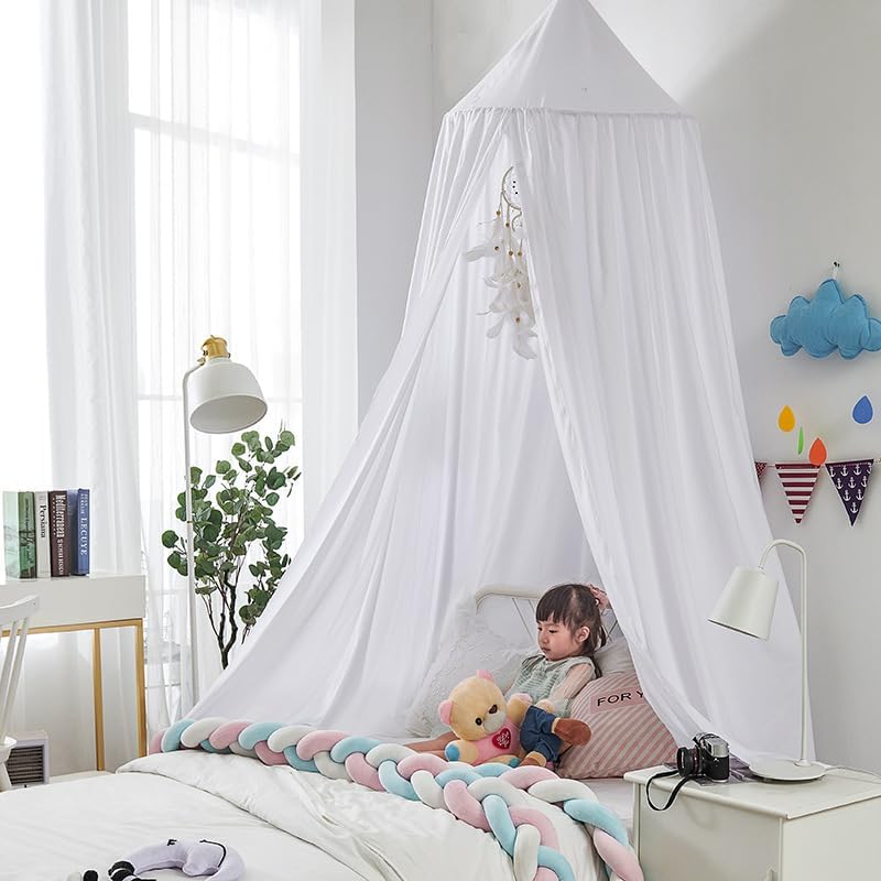 Bunnikins & Clover Bed Canopy for Girls Boys Bedroom Decor, Round Dome Mosquito Net for Baby Crib, Nook Castle Game Tent Nursery Decoration for Child, Play or Reading (White)