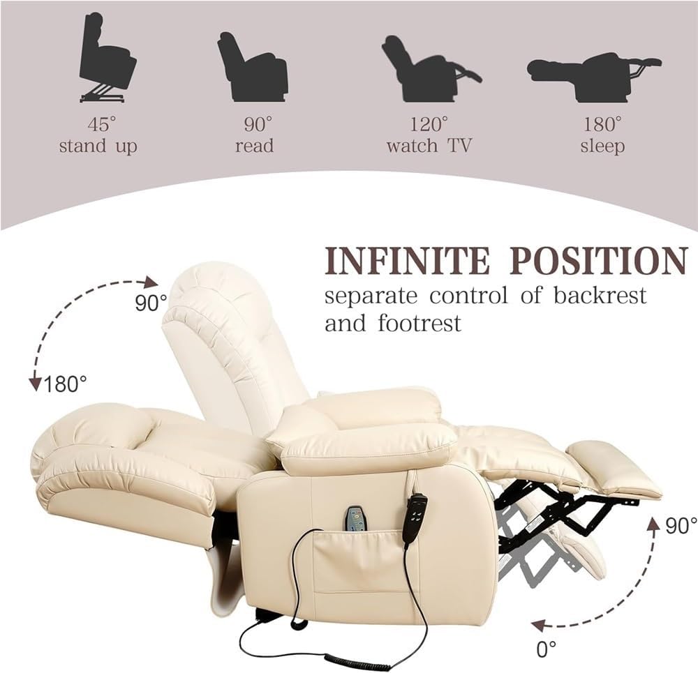 Dual Motor Infinite Position Power Lift Recliner Chair with Heating Massage and Extended Footrest for Adults Adjustable Lay Flat Recliner Leather Upholstery with Lumbar Support