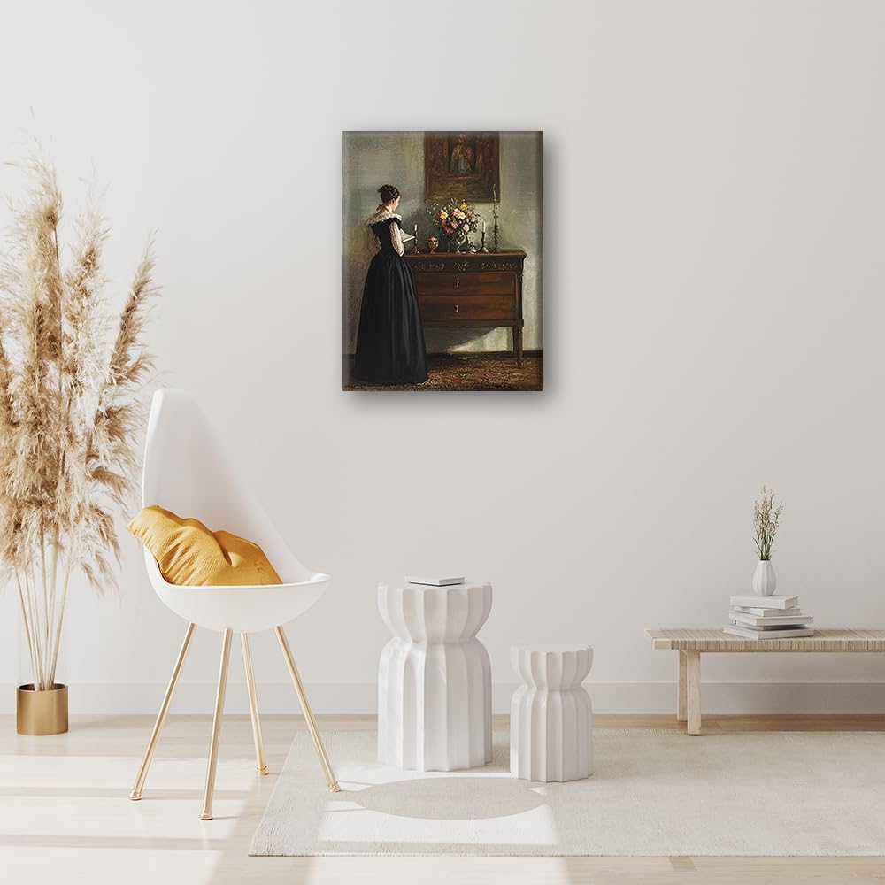 Yxhyenith Wall Art Pictures, Retro Women Painting Prints, Vintage Portrait Canvas Wall Decor for Bedroom Gallery Living Reading Study Room (Candlestick Woman, 12×16Inch, Framed)