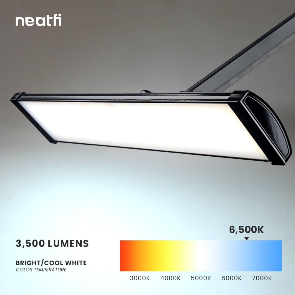 Neatfi Ultra 3,500 Lumens LED Desk Lamp – 45W, 26” Wide Metal Shade, 270 SMD LEDs, Shadow-Free | Adjustable Brightness | Non-Flickering Task Light for Nail, Craft & Office (Non-CCT with Clamp, Black)