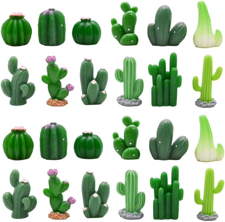 Garneck 24Pcs Miniature Artificial Cactus Figurines Small Resin Green Cacti Cake Toppers for Home Decor Fairy Garden Dollhouse Micro Landscape