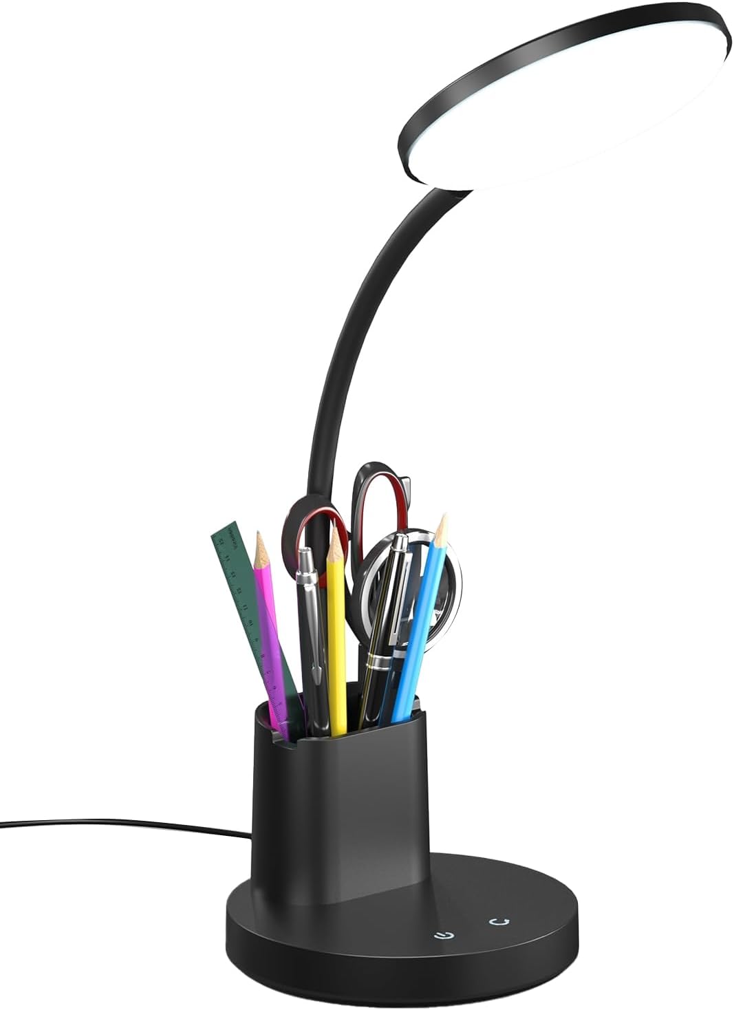 Desk Lamp, LED Desk Lamp for Home Office, Touch Table Lamp with 3 Color Modes 360° Adjustable Arm, Dimmable Desk Light with Pen Phone Holder, Black