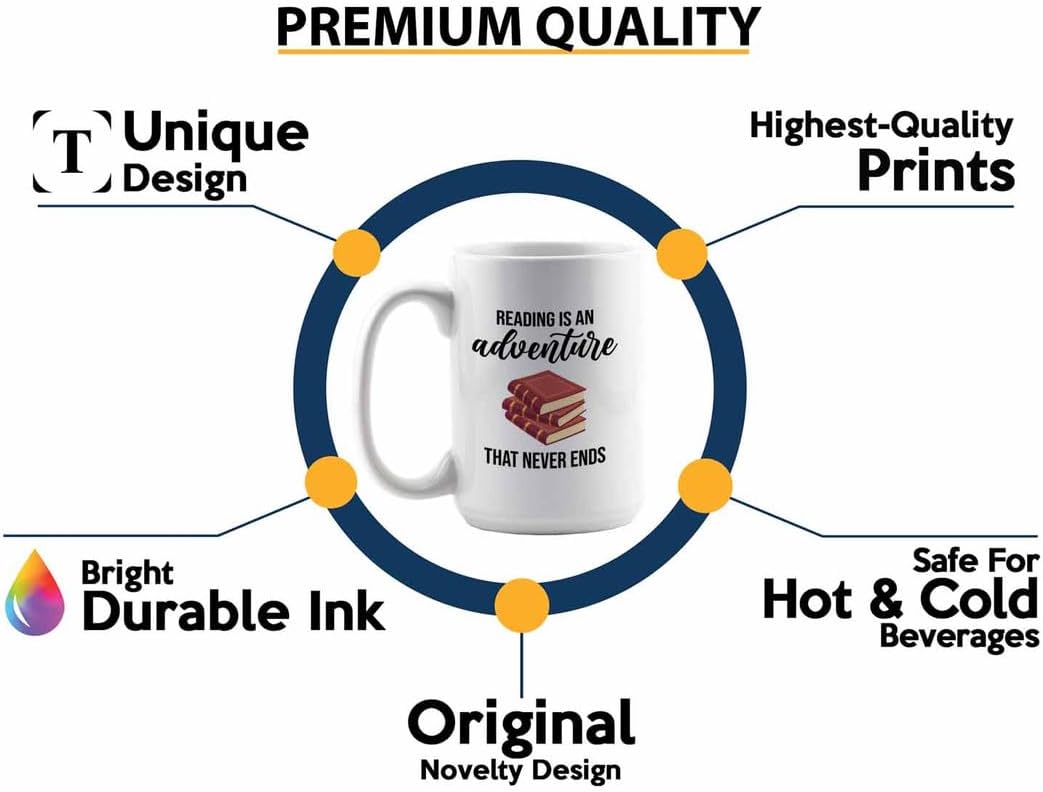 Bookish Coffee Mug 15oz White -Reading is an adventure - Novel enthusiast Book Club Librarian Book Lover Writer Reader Bibliophile