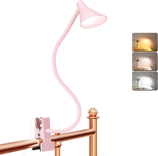 Clip on Light, Eye Care Reading Lights for Books in Bed 3 Color Modes & 10 Brightness Clip on Lamp Reading Book in Bed with Auto Timer, Reading Light for Bed Headboard Desk Bedside Dorm - Pink
