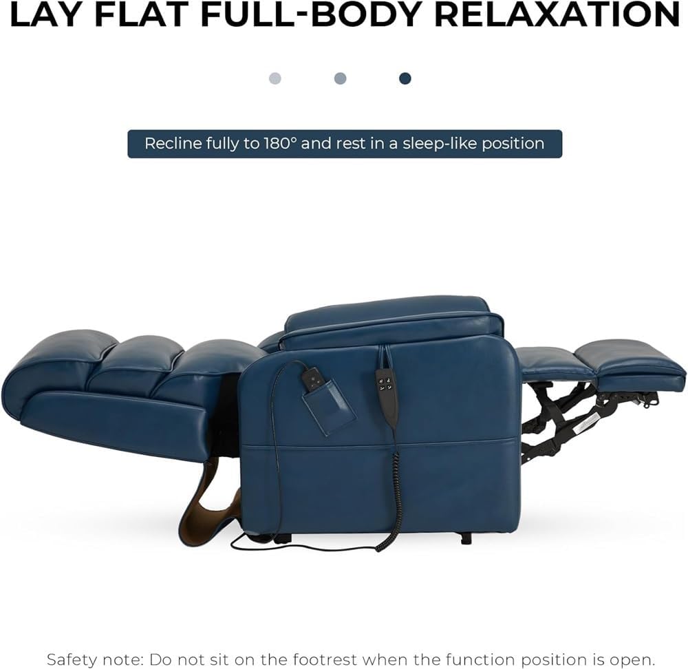 Power Dual Motor Lift Recliner Chair for Elderly with Infinite Position Recline Heat and Massage Adjustable Electric Lay Flat Sofa Dark Blue Leather Living Room Furniture