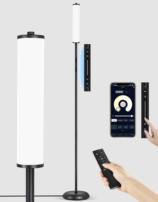 OUTON Floor Lamp for Living Room, 66 in LED Corner Floor Lamp with Remote, App and Touch Slider Control, 2200K-6500K Stepless Dimmable RGB Standing Lamp with Timer, Memory and Music Sync, Black