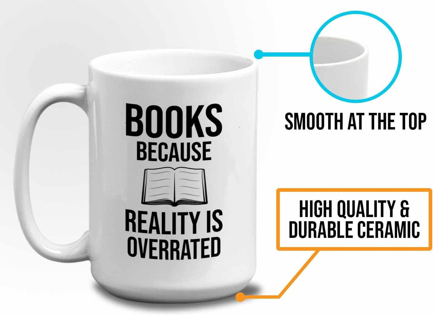 Bubble Hugs Writer Coffee Mug 15oz White - Books Because Reality is Overrated - Reading Book Lover for Bookworm Bibliophile Librarians Author Readers Bookish